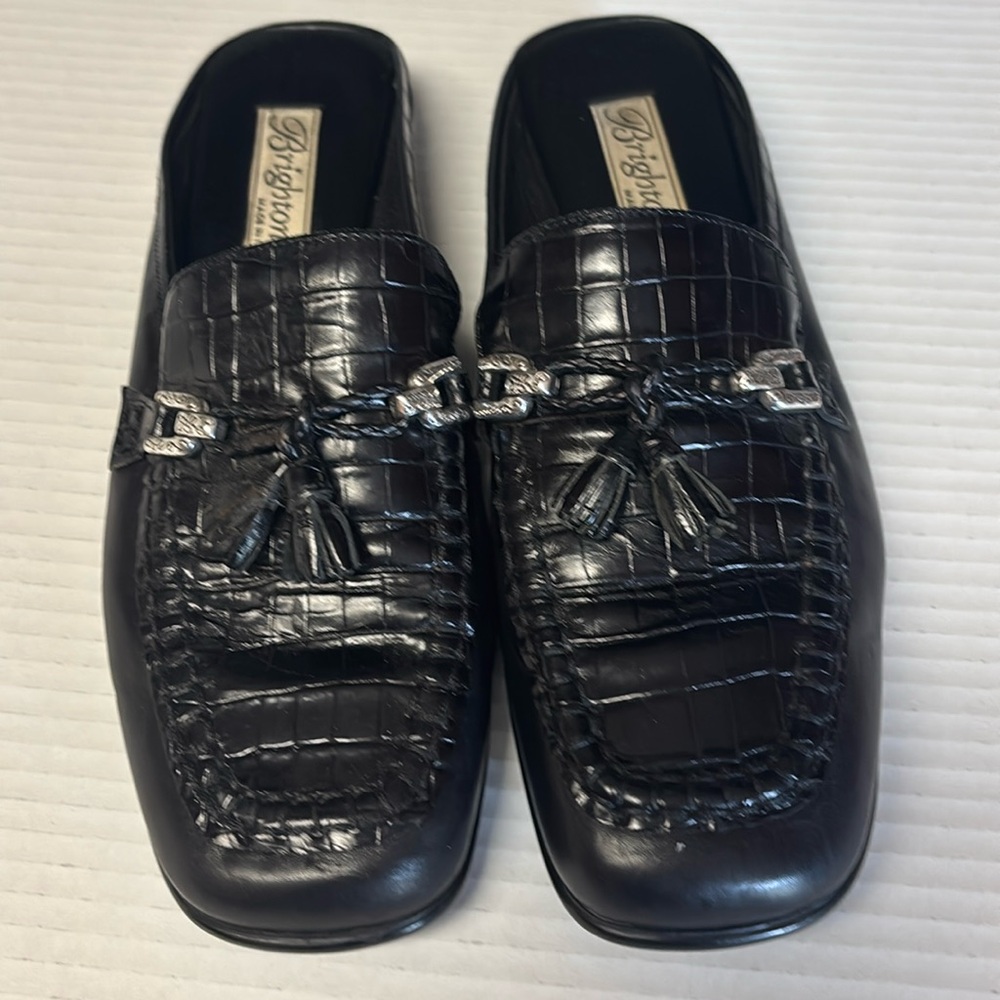 Brighton Astrid Black Croc Slip On Shoes Silver Accents Women’s Size 8